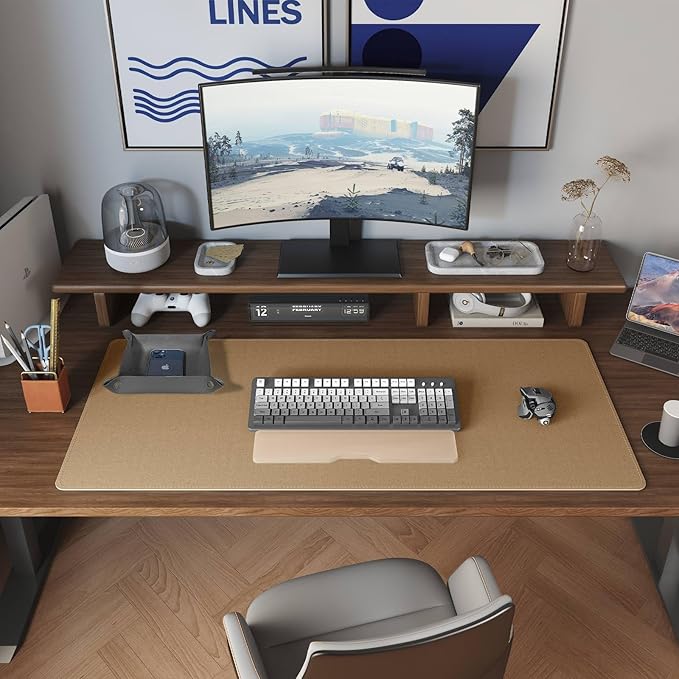 DAWNTREES Dual Sided Desk Mat,Leather Desk Pad,Cork Desk Mat Protector,with PU Leather Valet Tray Organizer,Large Mouse Pad,Desk Writing Pad for Office and Home(Dark Gray 31.5"x15.8")