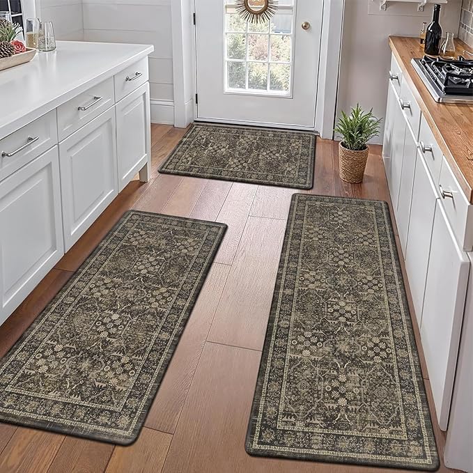 Pauwer Anti Fatigue Kitchen Mat Set of 3 Non Slip Kitchen Mats for Floor Cushioned Kitchen Rugs Comfort Standing Mat Farmhouse Waterproof PVC Foam Kitchen Floor Mat Runner, Taupe