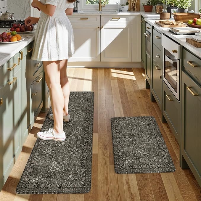 KIMODE Anti Fatigue Kitchen Mat 2PCS,Waterproof Farmhouse Green Kitchen Rugs Non-Slip,Vintage Kitchen Mat for Floor,Cushioned Comfort Foam Standing Mat for Laundry,Office,Sink,Desk