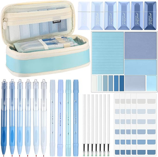 Janlaugh 38 Pcs Aesthetic College School Supplies with Pen Case Sticky Notes Gel Pens Highlighters Correction Tapes Back to School Stationery Kit(Light Blue Color,Classic)