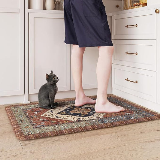 KIMODE Anti Fatigue Kitchen Mat, Boho Distressed Kitchen Rug 20"x32", Non Slip Waterproof Kitchen Floor Mat, Comfort Foam Mat for Kitchen Floor, Sink, Laundry, Office, Desk Red Floral