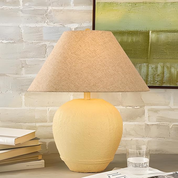 Pia Ricco 21'' Large Cream Base Ceramic Basin Table Lamp for Bedroom, Living Room, Dining Room, Office, Beige Shade