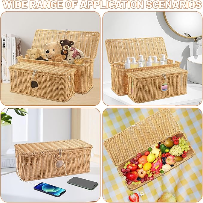IHKFILAN 2 Pcs Handmade Cable Management Boxes Rattan Cable Organizer Large & Medium Cord Hider Organizer Boxes Power Strip Boxes Locked Cover with 2 Open Slots for Home and Workplace