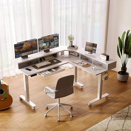 YDN Dual Motor 63" L Shaped Standing Desk with Drawers, Electric Height Adjustable Standing Desk with Monitor Stand & Splice Board, White Frame/White Top