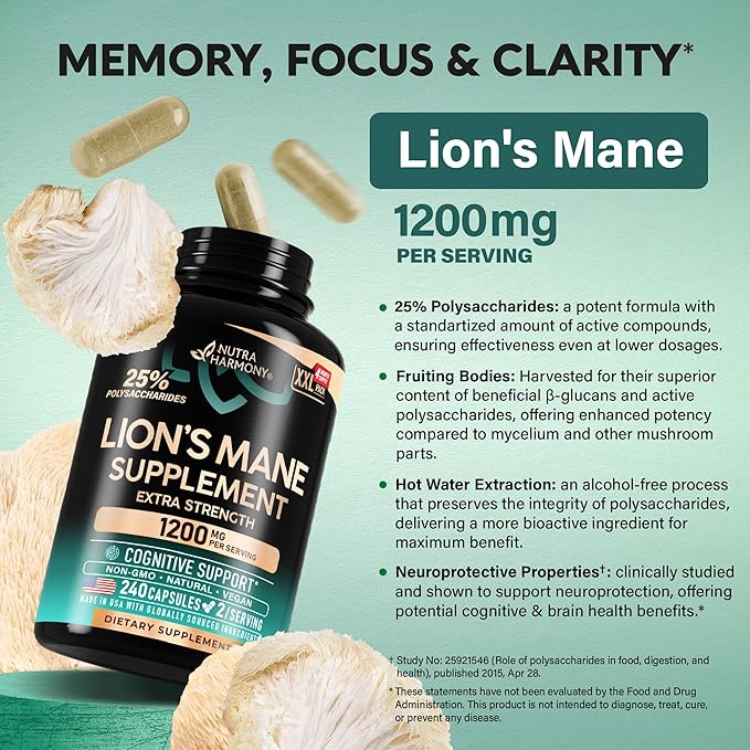 Lions Mane Supplement Capsules - Organic Lions Mane - Made in USA - Fruiting Bodies Extract - 1200 mg, 25% Polysaccharides - Memory & Focus Support - As Lions Powder - 240 Capsules, 4 Month Supply