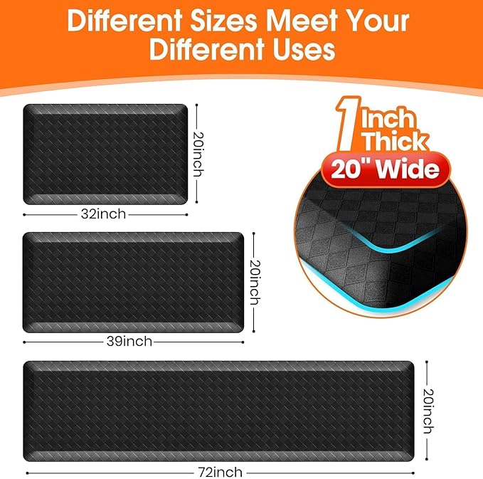 StepRite 1” Thick Kitchen Mats for Floor, Anti Fatigue Kitchen Rugs, Non-Slip,Heavy Duty Waterproof Kitchen Rug, Standing Desk Mat for Home, Kitchen, Office(Black)