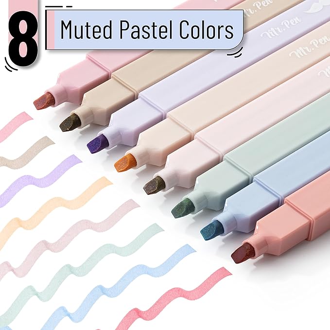 Mr. Pen- Aesthetic Highlighters, 8 Pcs, Chisel Tip, Muted Pastel Color, No Bleed Bible Highlighter Pastel, Highlighters Assorted Colors, Highlighter Set