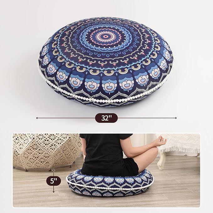 32 inches Meditation Floor Cushion for Adults, 2 Pack Round Large Thick Floor Pillow, Memory Foam Filling, Navy Blue