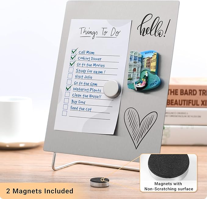Magnetic Bulletin Board with Stand – Small Dry Erase Memo Board – Tabletop Metal Easel for Magnet Display – 10x8 Inches + 2 Magnets