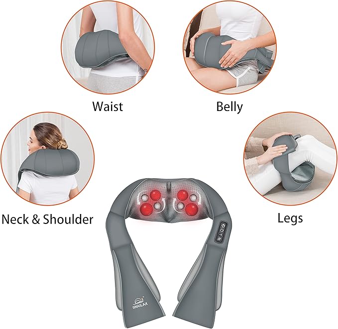 Snailax Shiatsu Neck and Shoulder Massager - Back Massager with Heat, Deep Kneading Electric Massage Pillow for Neck, Back, Shoulder,Foot Body (Grey)