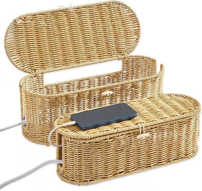 FairyHaus Cable Management Box 2Pack Caramel, Handwoven Large and Small Cable Organizer Box Cover to Hide Cords and Power Strip, Imitation Wicker Cord Organizer Box Hider for Office Desk and Floor