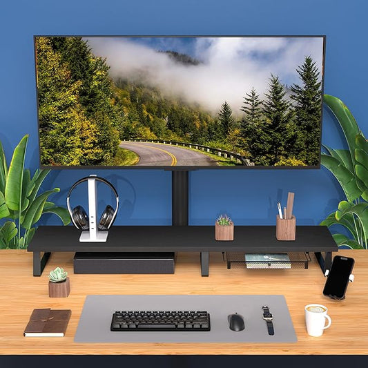 Aothia Large Dual Monitor Stand Riser - Monitor Stand For 2 Monitors, Monitor Stand With Drawer,Desk Shelf For Monitor, Wood Monitor Riser Stand with Storage Organize For Pc,Tv,Laptop,Screen (Black)