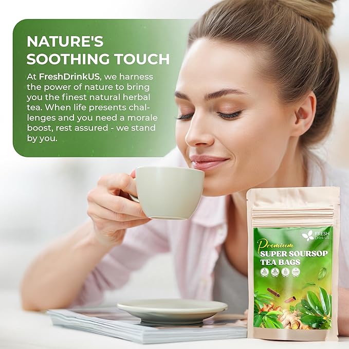 FreshDrinkUS, Super Soursop Herbal Tea ā 60 Tea Bags | Soursop, Ginger, Turmeric, Lemongrass, Cinnamon, Black Pepper & Peppermint | Caffeine-Free, Natural Flavor, Plant-Based Blend | Sugar-Free