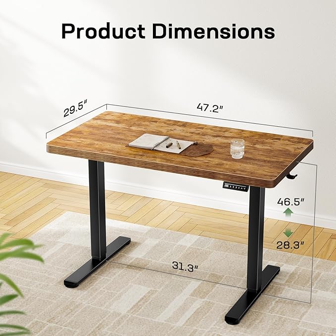 Marsail 48 x 30 Electric Standing Desk with One-Piece Desktop, Sit Stand Desk with Thickened Tabletop, Height Adjustable Stand Up Desk with Cable Management for Home Office(Frame+Desktop, 2 Packages)