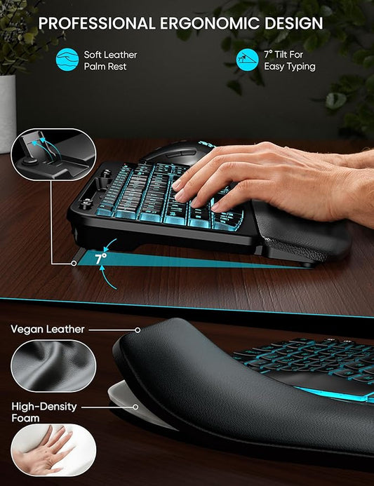 SABLUTE Wireless Keyboard and Mouse Combo - Ergonomic Wave Keyboard with Soft Leather Wrist Rest, Phone Holder, Rechargeable, RGB Backlit Mouse, Full-Size Set for Windows/Mac/Computer (Black)