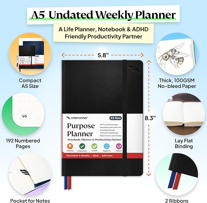 Roterunner Purpose Planner Notebook A5 5.8”x8.3” Undated 2025 Daily Weekly and Monthly Productivity Goal Setting Tool for Work Home ADHD Planner for Adults Self Care Journal (Black Softcover)
