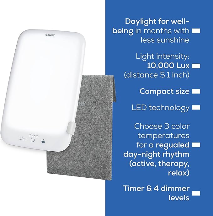Beurer TL35 Light Therapy Lamp with 10,000 Lux LED with 3 Color Temperatures, 4 Dimmer Levels, Timer, Auto Switch-Off, and Adjustable Stand for Home, Office, or Travel