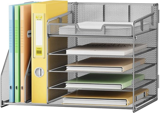 Lavatino 5-Tier Metal Mesh Desk Organizer with 2 File Holders & 7 Customizable Compartments | Paper Letter Tray for Office or Home Desk Storage | Keep Workspace Supplies Neat & Organized, Silver