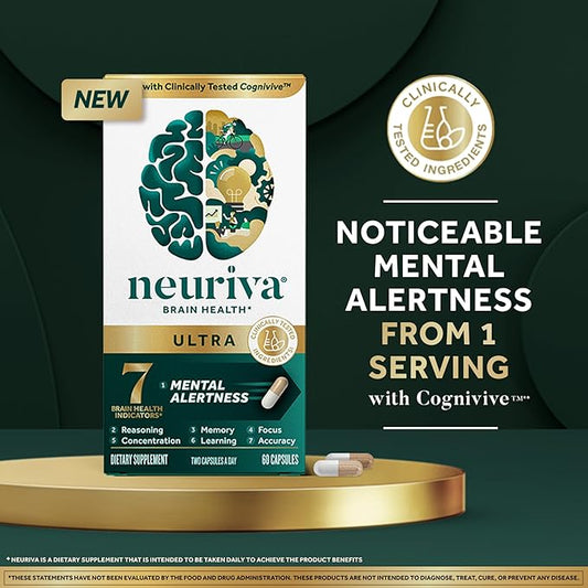 NEURIVA Ultra Decaffeinated Clinically Tested Nootropic Brain Supplement for Mental Alertness, Memory, Focus & Concentration, Cognivive, Neurofactor, Phosphatidylserine, Vitamins B6 B12, 60 Capsules