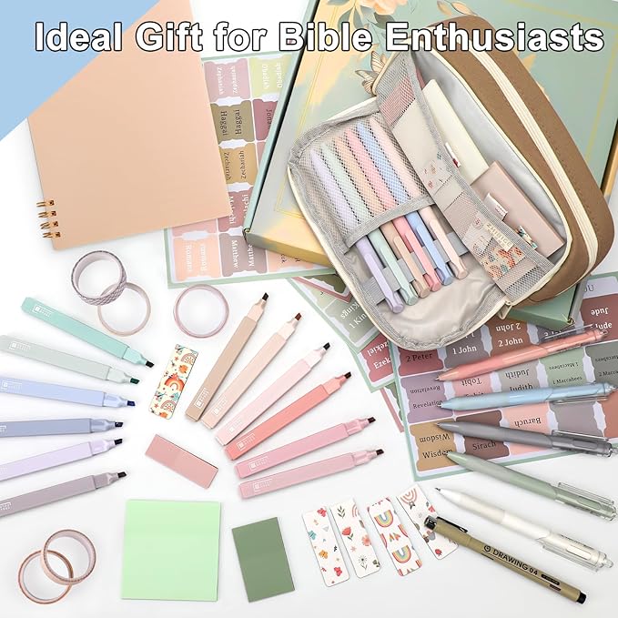 54Pcs Bible Journaling Kit with Pencil Case, Bible Highlighters and Pens with Tabs, Notebook, Bible Study Supplies Journel Essentials Accessories Tools for Women,Back to School Gifts (Brown)