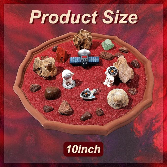 Desktop Zen Garden Kit -Mars Space Exploration Themed Zen Decor Sand,Astronaut Statue Figurines,Irregular Red Raw Sandstone Sand Tabletop Decoration,Zen Office Desktop Decoration Gift (Red)