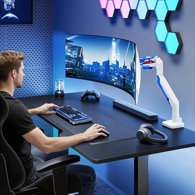 ARES WING Heavy Duty Single Monitor Arm - Gas Spring Aluminum Monitor Mount for 24"-57" Ultrawide Screens up to 66 lbs with Clamp/Grommet Desk Mount, 75/100/200 Vesa Mount, White