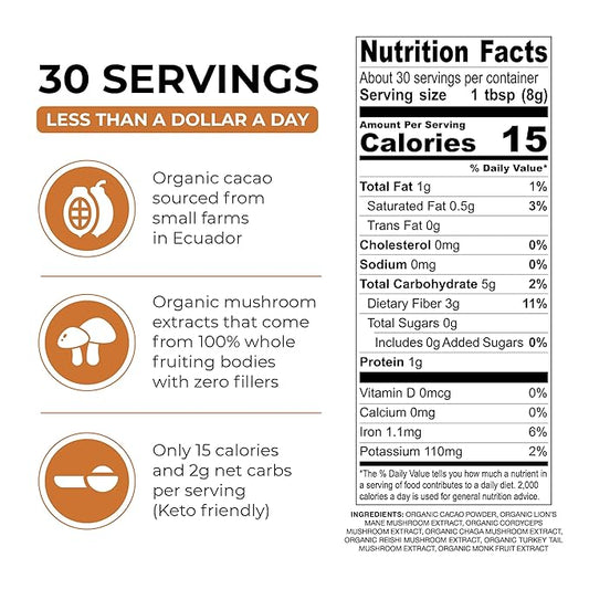 Inner Elevate Mushroom Hot Chocolate Superfood - Ceremonial Cacao with 5 Mushrooms (Lion's Mane, Cordyceps, Chaga, Reishi, Turkey Tail) - Great as a Coffee Alternative, Hot Chocolate, or Smoothie (30 Servings)