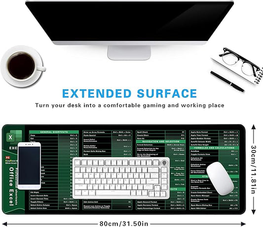 Excel Cheat Sheet Desk Pad, 31.5"x11.8", Waterproof Extra Large Excel Shortcut Mat with Stitched Edges, Anti-Slip Excel Mouse Pad for Office Desk, MS Excel/Word Shortcuts (Green Excel K)