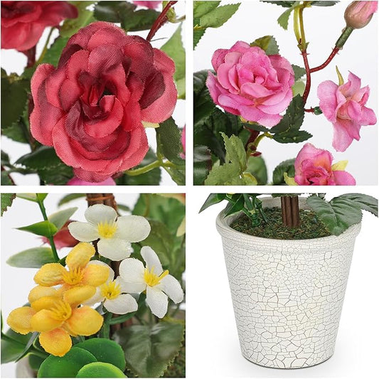 Hollyone Artificial Plants & Flowers in Vase Red Camellia Roses Faux Flower Plant Arrangement with Pot Fake Rose Flowers Home Decor Office Bathroom Shelf Desk Table Decoration