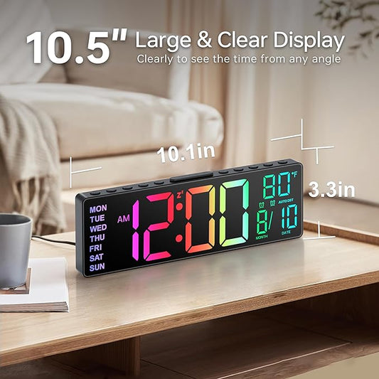 JALL 10.5'' Digital Large Alarm Clock with 8-in-1 RGB Colors, Date, Month, Temperature LED, Auto DST, Modern for Desk, Wall, Living Room, Bedroom, Birthday Xmas Gift (Black, 10.5 inches)