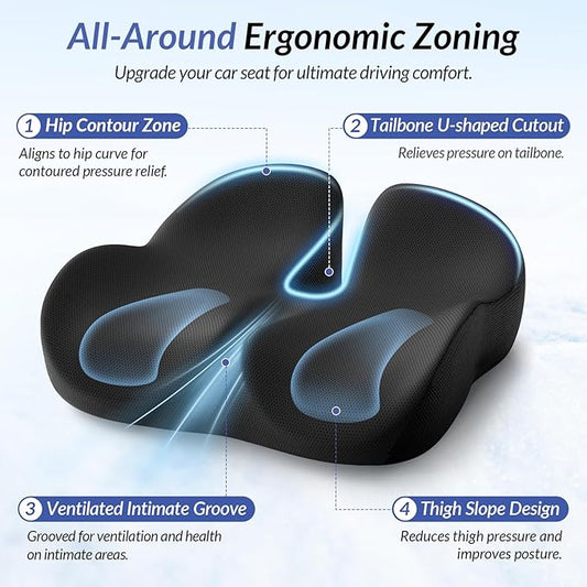 ZIKEE Gel Seat Cushion for Office Chair and Car Seat with Ergonomic Zoning, Memory Foam Chair Cushion for Sciatica, Lower Back, Tailbone Pain Relief and Intimate Ventilation, Non-Slip & Airy Cover