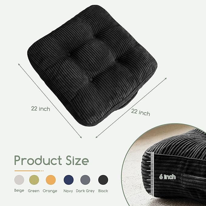 6" Washable Floor Pillow Cushion for Adults, Meditation Cushion Pillow, Large Square Floor Sitting, Removable Tufted Corduroy Cover, for Tatami Living Room or Yoga, 22x22 Inch, 2Pack, Machine Washable