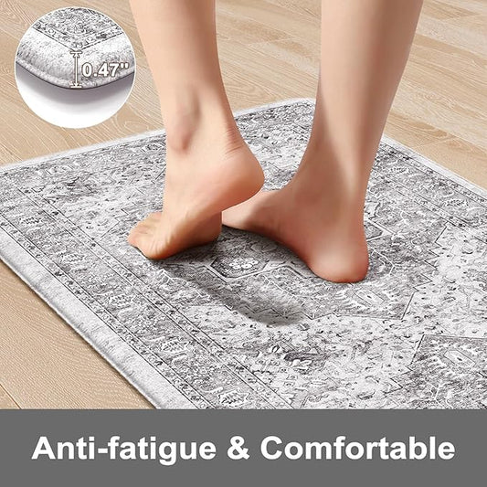 KIMODE Anti Fatigue Kitchen Mats, 2 PCS Cushioned Kitchen Rugs and Mats, Waterproof Kitchen Floor Mats Non Slip, Boho Comfort Foam Standing Mat for Laundry, Office, Sink, Grey Brown 17"x47"+17"x29"