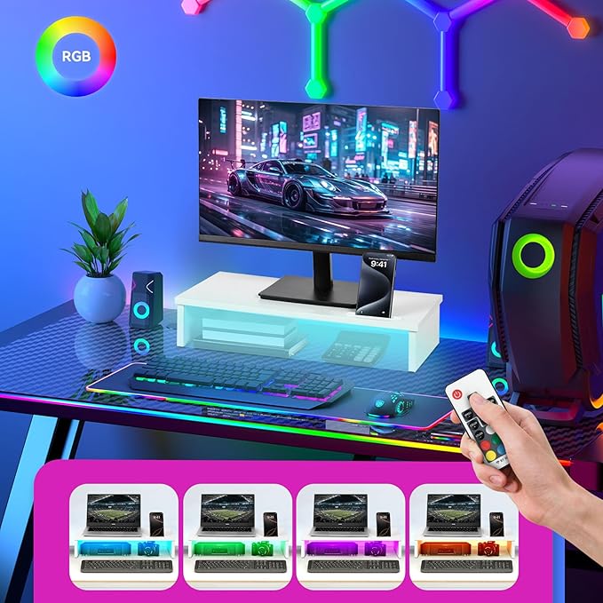 21" Monitor Stand Riser with LED Lights and Phone Holder, Monitor Stand for Desk, Computer Monitor Stand, Desk Shelf for Top of Desk, Desktop Organizer for Laptop, Printer, TV