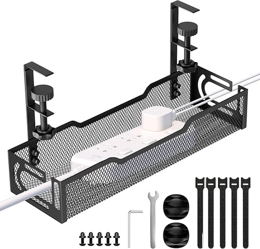 Under Desk Cable Management Tray, No Drill Mesh Desk Cable Tray, Wire Management Tray Cable Management Rack, Wire Organizer and Cable Management Box (Black)