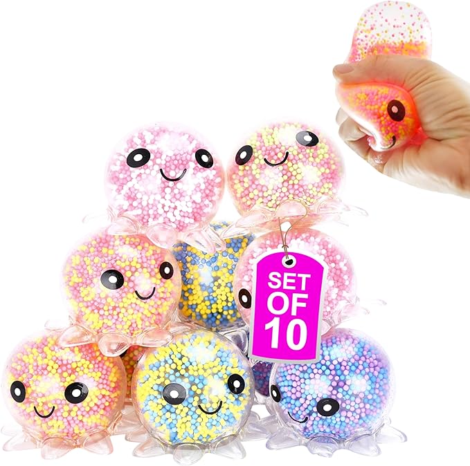 Neliblu Squishy Octopus Balls - Jumbo Mochi Squishy Toys - Easter Basket Stuffers for Teens - Glow-in-The-Dark - Stress Balls for Kids and Adults - 2.3x1.8x1.7 inches (Multicolor) Set of 10