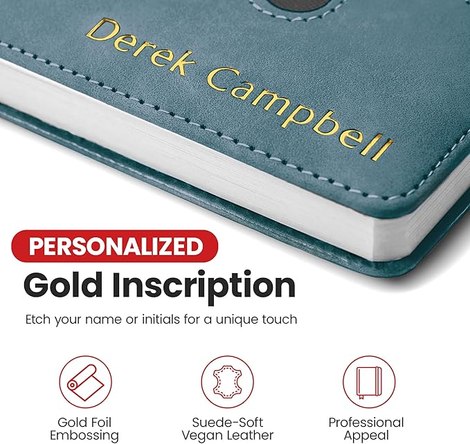 Promot Personalized Notebook - A5 Lined Leather Bound Journal for Writing Women Men - Hardcover Executive Notebook, Daily Journal, Travel Diary, Gift Idea, Custom Embossed Text with Gold Metallic Foil