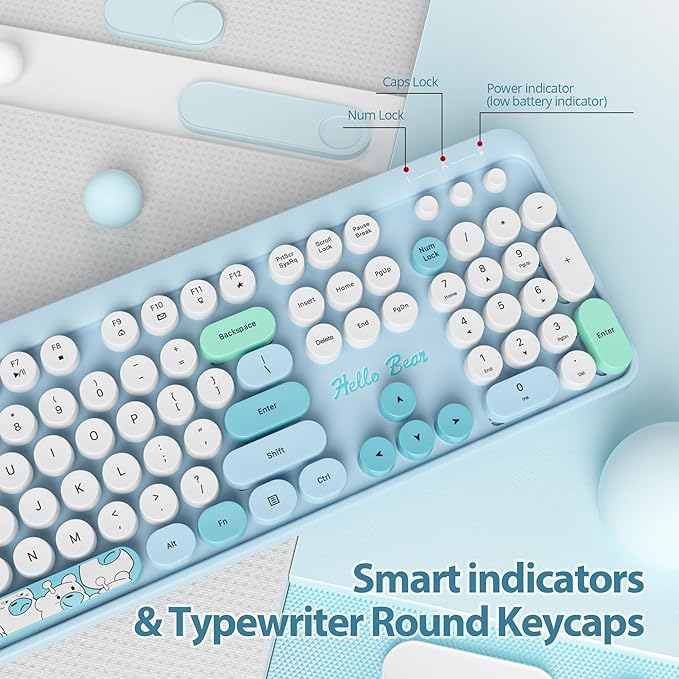 Fogruaden Wireless Keyboard and Mouse Combo, 2.4GHz Retro Typewriter Keyboard, 104 Full Size Round Keycap Cute Computer Keyboard with Number Pad, Blue Colorful Keyboard for Windows PC Laptop(Blue)