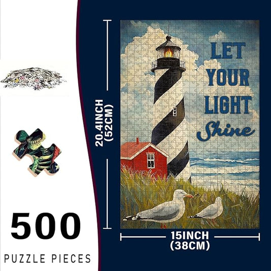 500 Piece Wooden Jigsaw Puzzle Let Your Light Shine Summer Beach Coastal Adults Kids Challenging Family Game Educational Stress Relief Learning Toy Home Decor & Portable Travel 20.4x15 Inch