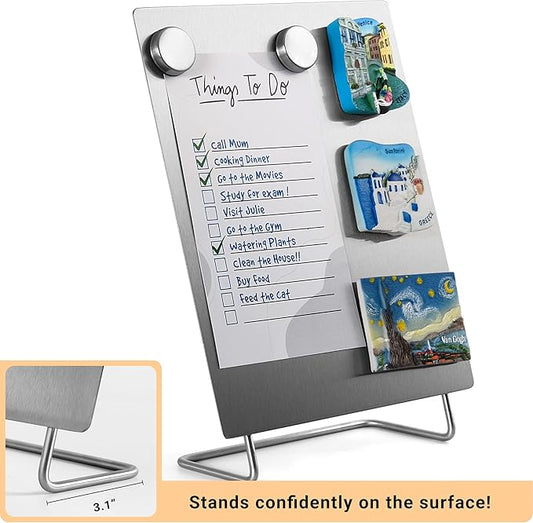 Magnetic Bulletin Board with Stand – Small Dry Erase Memo Board – Tabletop Metal Easel for Magnet Display – 10x8 Inches + 2 Magnets