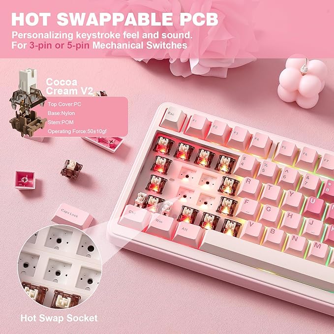 YUNZII B75 PRO Wireless Mechanical Keyboard,75% Layout with Knob,Hot Swap Gasket Custom Structure,Creamy Pre-lubed Switches,RGB Backlit,Bluetooth/Type-C/2.4G for Win/Mac(Cocoa Cream V2 Switch,Pink)