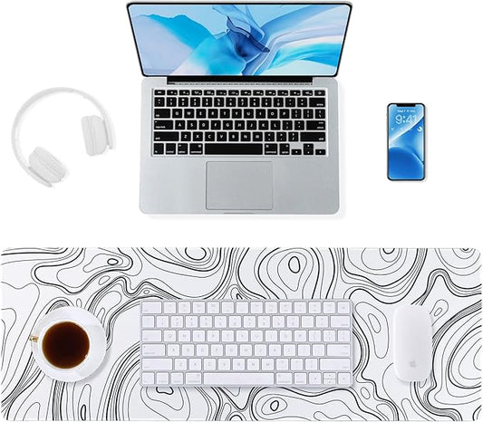 ALOANES Waterproof Mouse Pad with Durable Stitched Edge, XL gaming Keyboard Pad, Non-Slip Rubber Base, Extended Desk pad for Gamer, Office & Home, White Topographic Map Mousepad 31.5''x 11.8''x 0.12''