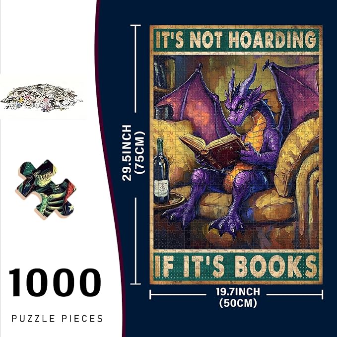1000 Piece Wooden Dragon Jigsaw Puzzle It's Not Hoarding If It's Books Adults Kids Family Quiet Play Therapy Challenging Anxiety Relief Home Art Decor & Time Killing Focus Tool Gifts 29.5x19.7 Inch