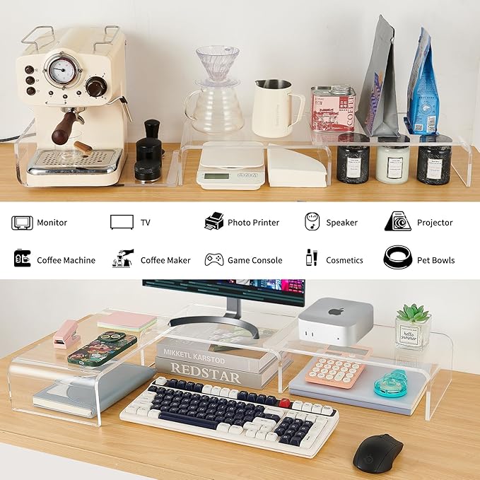 Acrylic Monitor Stand Riser, Clear Acrylic Laptop Stand for Desk, Computer Accessories for Home Office, Desk Organizer Shelf for Laptop, PC, Multi Media and more