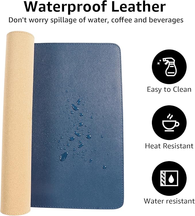 PU Leather Desk Mat, Large Mouse Pad with Cork Base, Writing Desk Blotter, Desk pad for Keyboard and Mouse,Keyboard mat for Desk Decor-Computer Mouse Pad(Dark Blue, 31.5x15.7in)