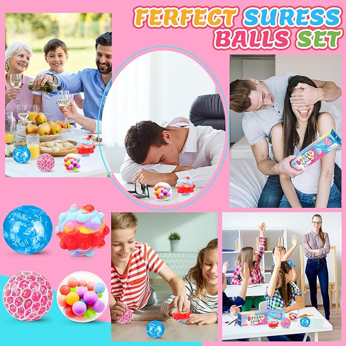 Stress Balls 4 Pack for Adults and Kids, Squeeze Toys, Sensory Toys for Kids with Autism, Squishy Fidget Toys for Stress and Anxiety Relief, Prize for Classroom