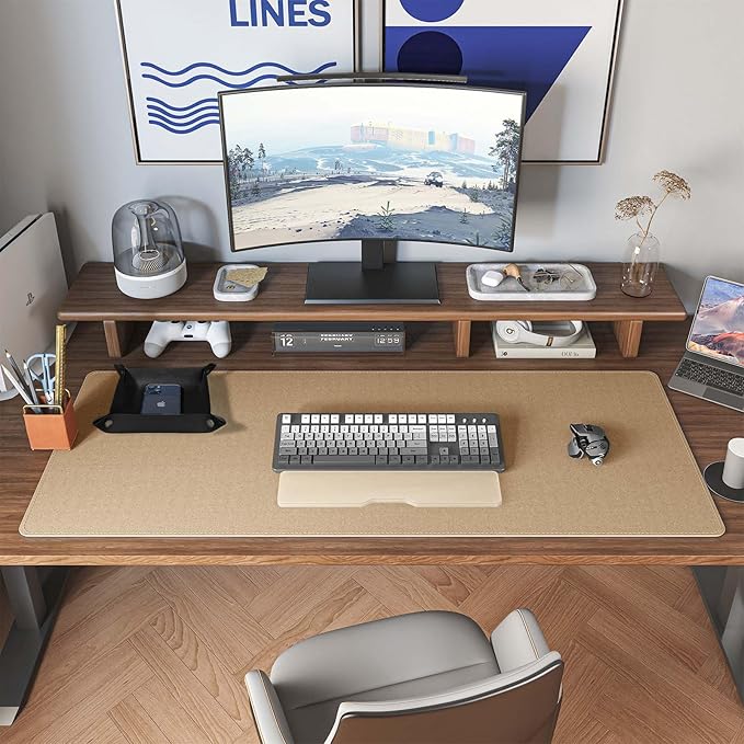 DAWNTREES Dual Sided Desk Mat,Leather Desk Pad,47.2''x15.8'',Cork Desk Mat Protector,with PU Leather Valet Tray Organizer,Large Mouse Pad,Desk Writing Pad for Office and Home(Black)