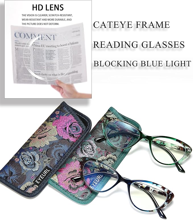 EYEURL Cat Eye Reading Glasses for Women, 2 Pack Blue Light Blocking Readers for Ladies Spring Hinge Fashion Pattern +1.50 Magnification Anti Eyestrain UV Protection