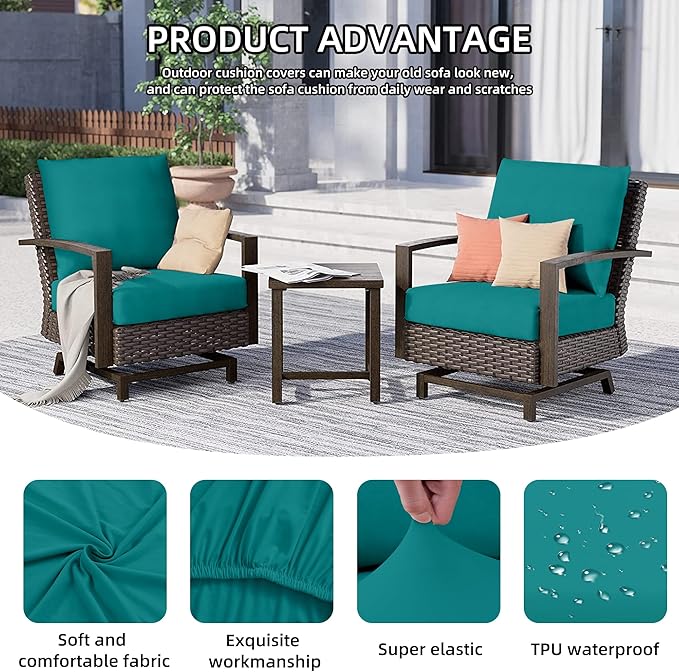 14Pcs Outdoor Cushions Covers Waterproof, Patio Cushion Covers, Stretch Cushion Covers Replacement,Cushion Slipcovers, Furniture Cushion Covers (Peacock Blue 2, 14PCS)