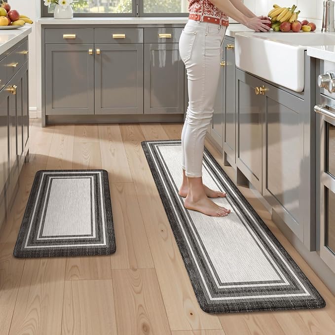 KIMODE Anti Fatigue Kitchen Mats,Non Slip Farmhouse Kitchen Rugs Sets 2 Piece,Waterproof Kitchen Mat for Floor,Cushioned Standing Mat for Office,Laundry,Sink,Desk,Black and Grey